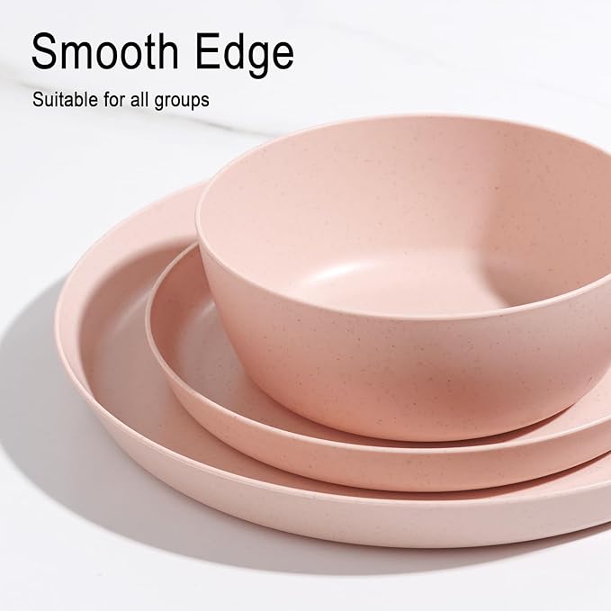 EI 12pcs Pink Wheat Straw PlatesWheat Straw Dinnerware Set for 4Plates and Bowls SetsPlastic Plate ReusableUnbreakable Plastic Plate MelamineCamping Family Dishes Set