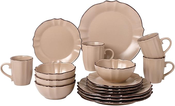 Stylish and Elegant 16 Piece Scalloped Edge Dinnerware set Service for Hosting Parties and Events - Set of 4 Scalloped Edge (COCOA)