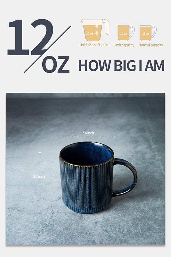 Famiware Dinnerware Set for 4 (12 Piece) and Coffee Mug Set for 6 (12 oz) - Nebulas Blue