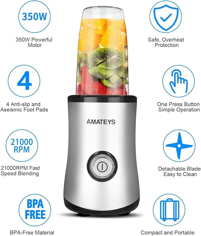 Personal Blender with Button350W Professional Kitchen Blender for Smoothies and ShakesPortable Smoothie Maker MixerEasy Cleaning&ampOperationSuitable for Carrying or Storage