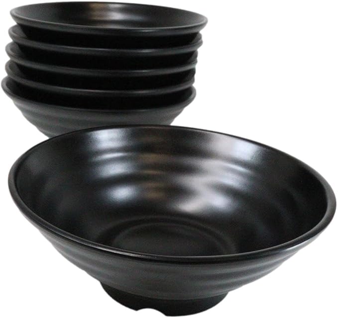Ebros Gift Contemporary Ridged Matte Black Melamine Series Dinnerware Serveware Kitchenware Set Japanese Chinese Restaurant Supply (Pack Of 6 Large Round Ramen Soup Pasta Salad Bowls 48oz)