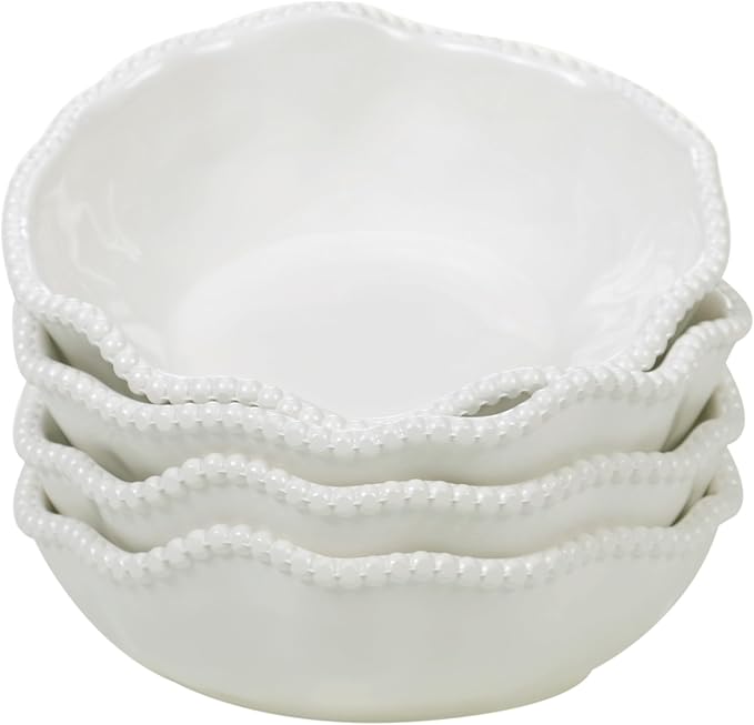 Perlette Off-White Beaded 12-Piece Dinnerware Set – Includes 4 Dinner Plates 4 Salad Plates 4 Bowls (7.5 x 2 22 oz) – Elegant Unbreakable Melamine Heavyweight Perfect for Indoor/Outdoor Dining