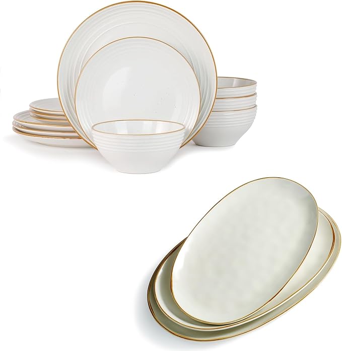 Famiware Jupiter Plates and Bowls Sets + 3 Pcs Ocean Oval Serving Platter 15-Piece Dinnerware Sets for 4 White