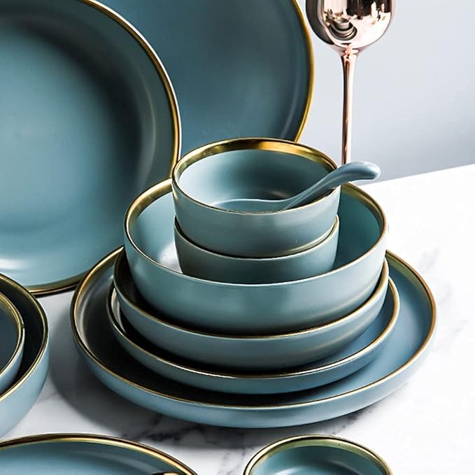 24 32 41 PCS Ceramic Dinnerware Set Nordic Dark Green Bone China Tableware Creative European Ceramic Tableware with Bowl Plate24-Piece Set for 6 Peopl