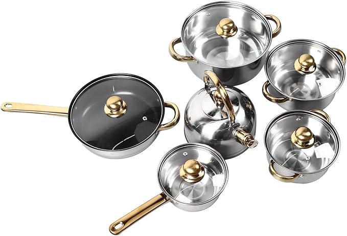 12Pcs Kitchen Pots Set Stainless Steel Golden Handle Smoothing Sturdy Easy to Clean Cookware Set for Home Cooking
