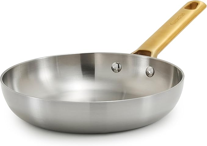 GreenPan Stainless Steel Tri-Ply Reserve 8” Frying Pan Skillet Multiclad Cookware Induction Oven &amp Broiler Safe to 600°F Heat Responsive Core Dishwasher Safe Gold Handle