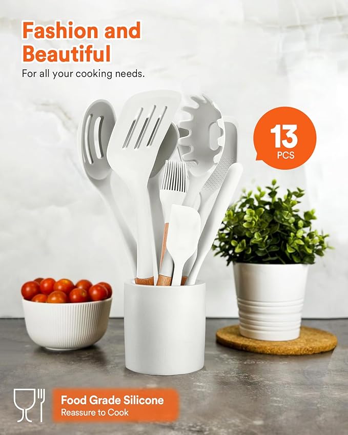 Kitchen Utensils Set 13PCS Silicone Cooking Utensils Heat Resistant Kitchen Utensil Spatula Set for Nonstick Cookware Wooden Handles Kitchen Gadgets Tools Set