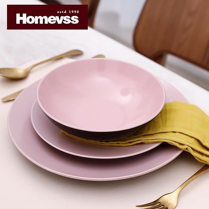 Stoneware Two-Tone Colors Life 16pc Dinner SetOutside Shiny Black + Inside Matte Glaze Rose