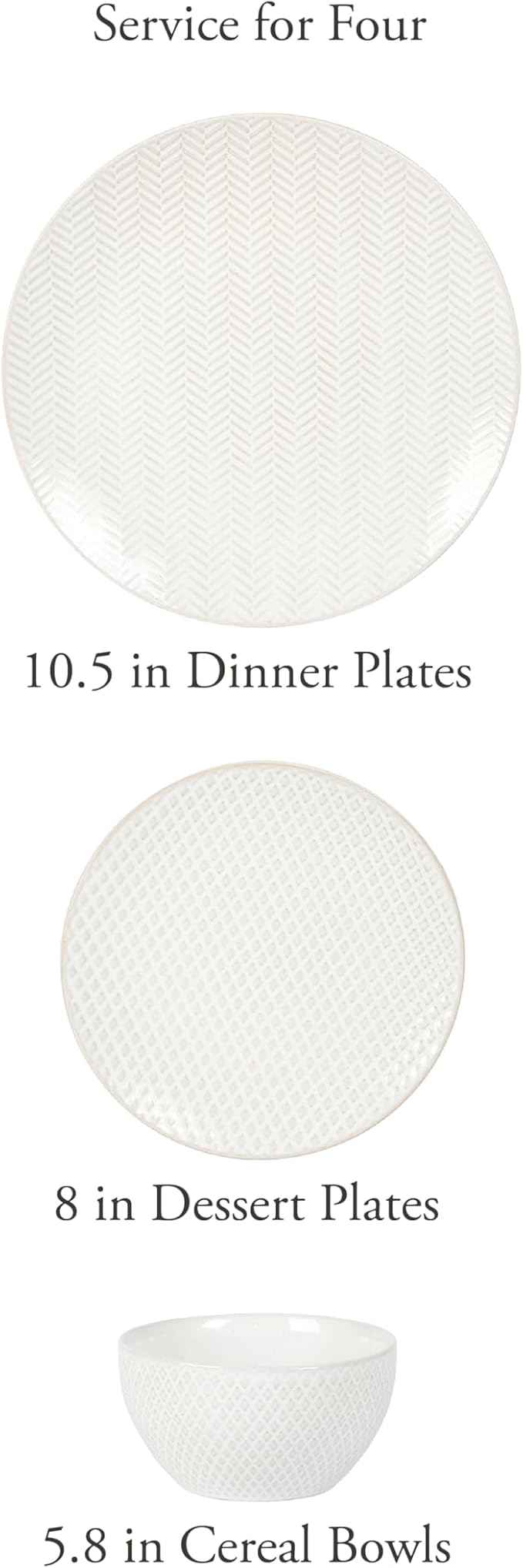 Gibson Elite Oyster Tide Embossed 12 Piece (Service for 4) Plates and Bowls Reactive Glaze Round Dishes Stoneware Ceramic Dinnerware Set White