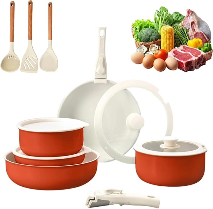 Cookware Set 5/11 Piece Utensils Cookware Set Removable Handle Stackable Nonstick Cooking Set for Kitchen With All Stovetops for Kitchen (Orange 11PCS)