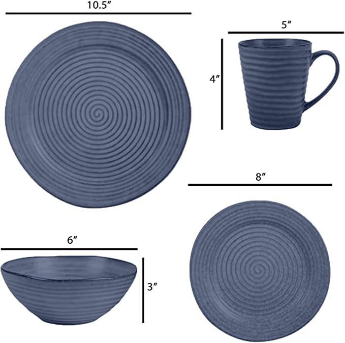 Elanze Designs Charming Chic Ribbed Modern Thrown Pottery Look Ceramic Stoneware Plate Platter Mug &amp Bowl Kitchen Dish Dinnerware 16 Piece Set - Service for 4 Navy Royal Blue