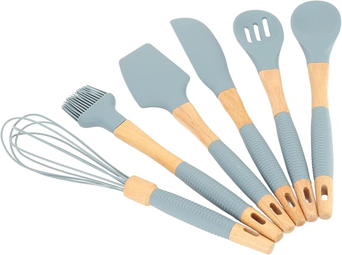 Silicone Cookware6 Piece Silicone Cutlery Set Wooden Handle Cookware Set Suitable for Home Restaurant Kitchen Gadgets