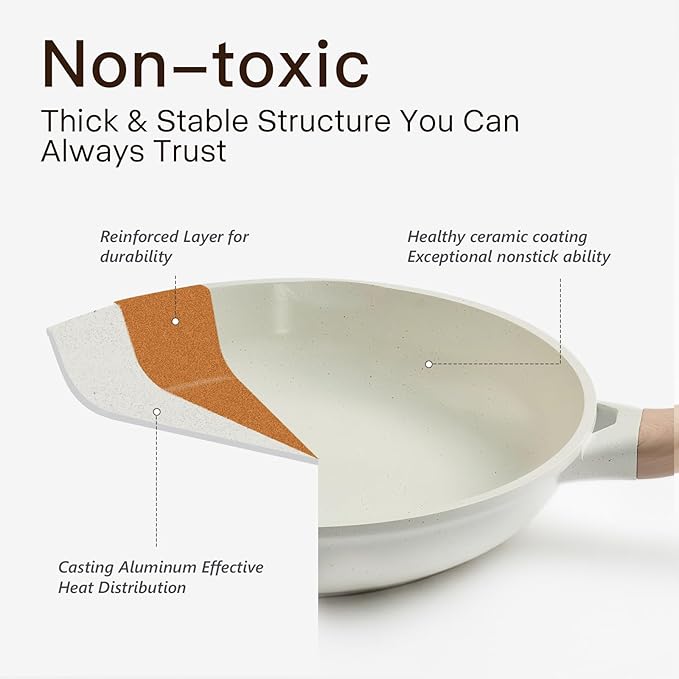 Pots and Pans Set Non Stick Non-Toxic 22 Pcs Ceramic Cookware Sets Nonstick Kitchen Pot&ampPan With Lid Cream White Granite Induction Compatible with Glass Lids Crepe Frying Pan PFOA/PFOS-Free