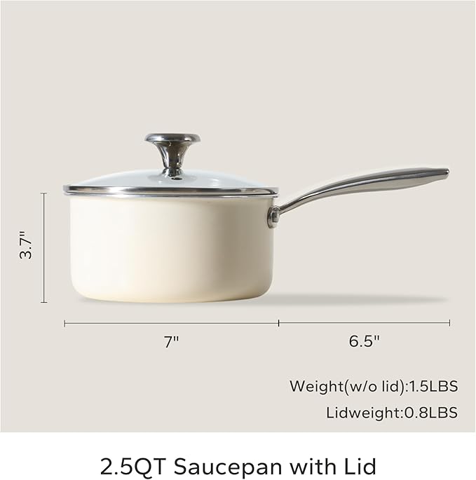 Redchef Nonstick Mini Cookware Set 8Ceramic Fry Pan 2.5QT Small Saucepan with Lid*2Cooking Pot with Stay-Cool Handles Compatible All Stovetops PFAS PFOA &amp PTFEFree (Beige)