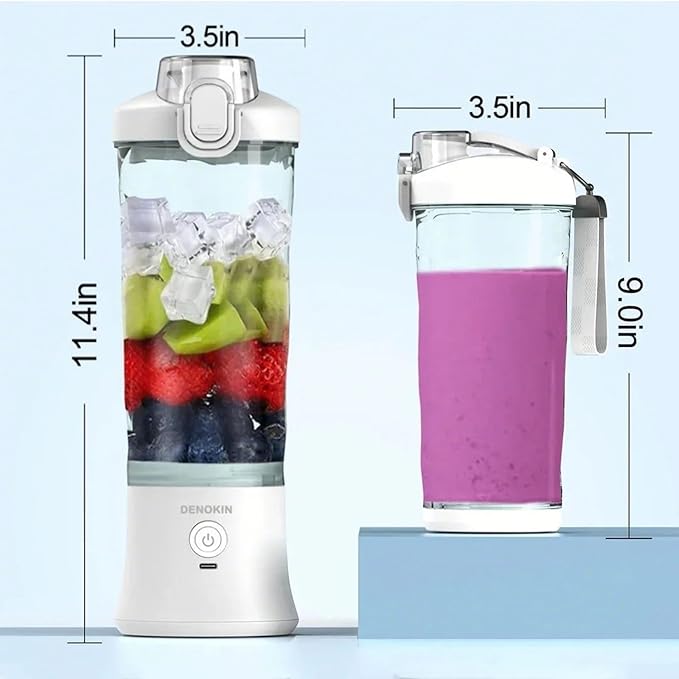DENOKIN Portable Blender 20oz Vessel Cordless Personal Size Blend with 6 Blade and a Travel Lid (Apple White)