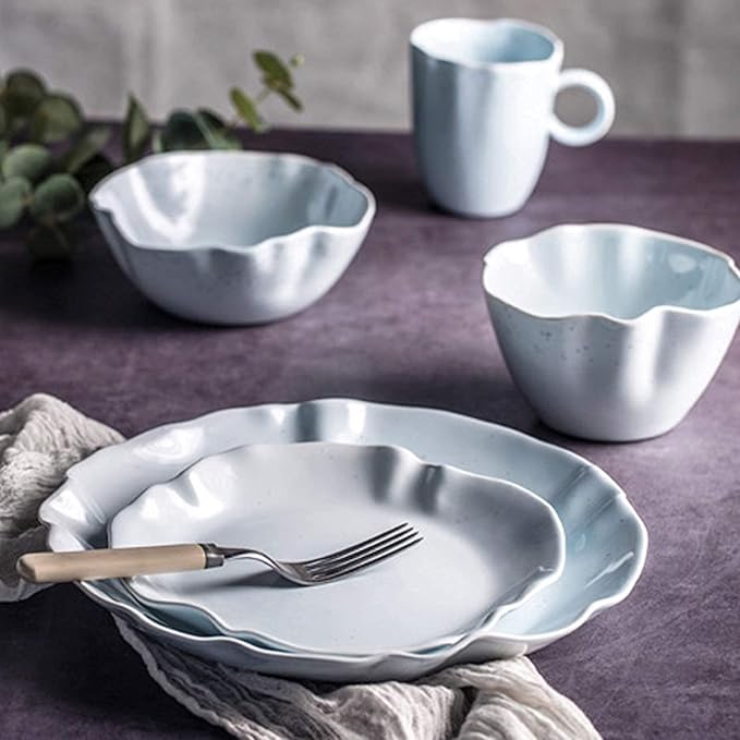 Dinner SetCeramics Dinner Sets 24 Pieces Porcelain Dinnerware Combination SetIrregular Ruffle Cereals Bowls and Steak Plates Sets