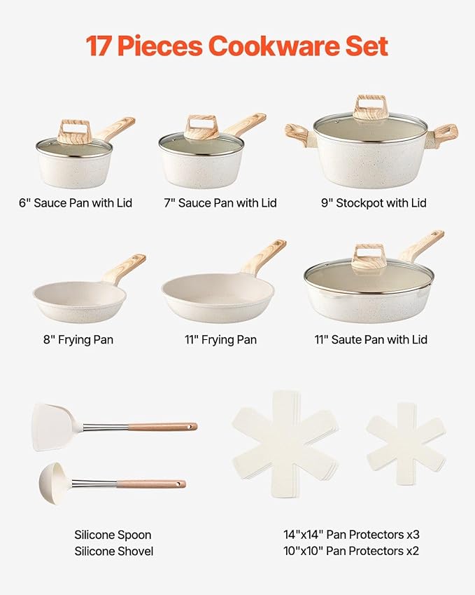17 Piece Pots and Pans Set Granite Nonstick Kitchen Cookware Induction White