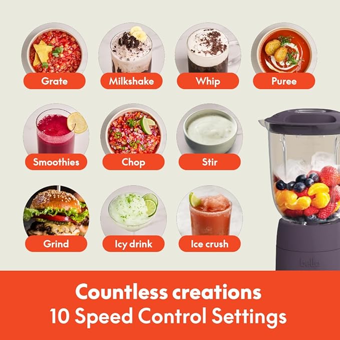 bella 10 Speed Countertop Blender Juicer &amp Smoothie Maker Fits-anywhere™ Kitchenware Slim Flip &amp Store Design Dishwasher Safe 48oz Capacity Pitcher &amp Lid Stainless Steel Blade 450 Wa