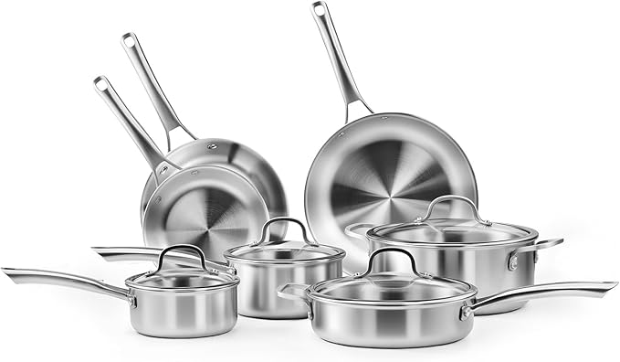 Bonnlo 11 Pieces Cookware Set 3-Ply Stainless Steel Pots and Pans Set with Lids Non-Toxic Kitchen Set Oven &amp Dishwasher Safe Induction Cooking Set PFOA &amp PTFE Free Compatible for All Coo