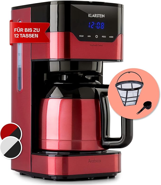 Klarstein Arabica Coffee Machine with Filter - Filter Coffee Machine 800 Watt EasyTouch Control 1.2 L Up to 12 Cups with Permanent Filter Red/Black