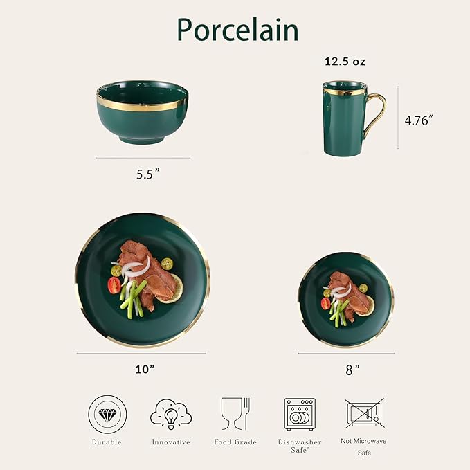 Modern 16 Piece Porcelain Green and Gold Dinnerware Set Stoneware Dinnerware Sets for 4 Plates and Bowls Sets Dish Set with Gold TrimDishes