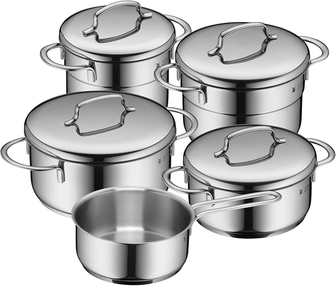 WMF 0718556040 Mini pan set 5-piece stainless steel lids saucepan Cromargan 18/10 Stainless steel Space saving Stackable Design universal bottom induction Dishwasher safe