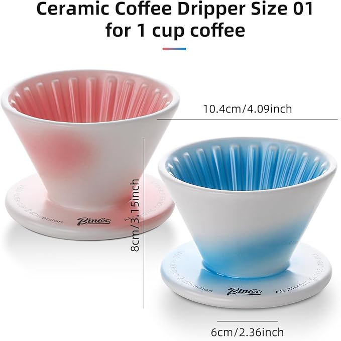 Bincoo Ceramic Coffee Dripper Vertical LinesPour Over Coffee Maker Size 01Manual Pour Over Brew MakerSingle Cups Slow Brewing Accessories (Pink)