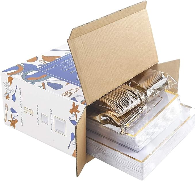 WDF 125pcs Gold Plastic Plates Set - Fall Plastic Plates Gold Rimmed Dinner &amp Salad Plate Silverware (25 Forks Knives Spoons) for Wedding Baby Shower Spring Birthday