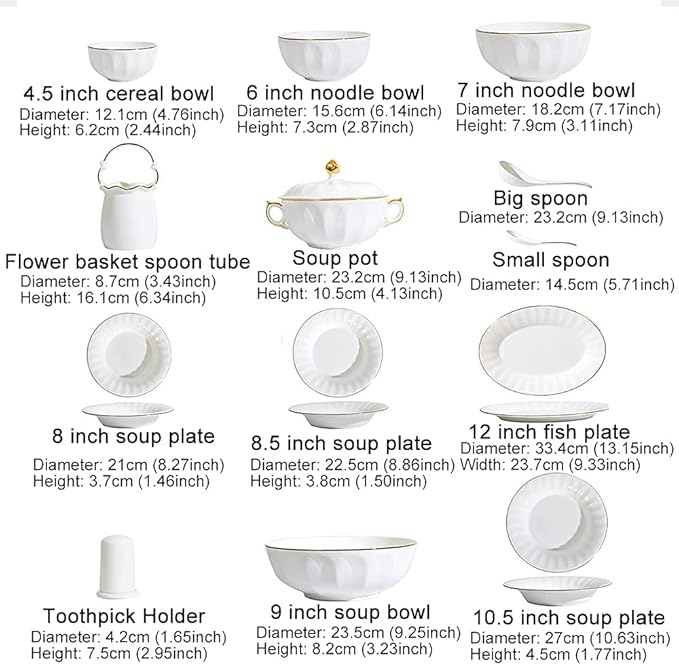 50 Pieces Dinnerware Set Porcelain Fine Bone China Home Kitchen Serving Dinner Set with White Round Cereal Bowls Plates Dishes Soup Pot with Gold Rim Service for 10