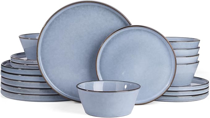 Famiware Annecy Dinner Plates and Bowls Sets Stoneware Dinnerware Sets Dishes Set for 6 18 Pieces Handmade Dishware Set - Microwave &amp Dishwasher Safe Double Reactive Glaze Tableware Reactive