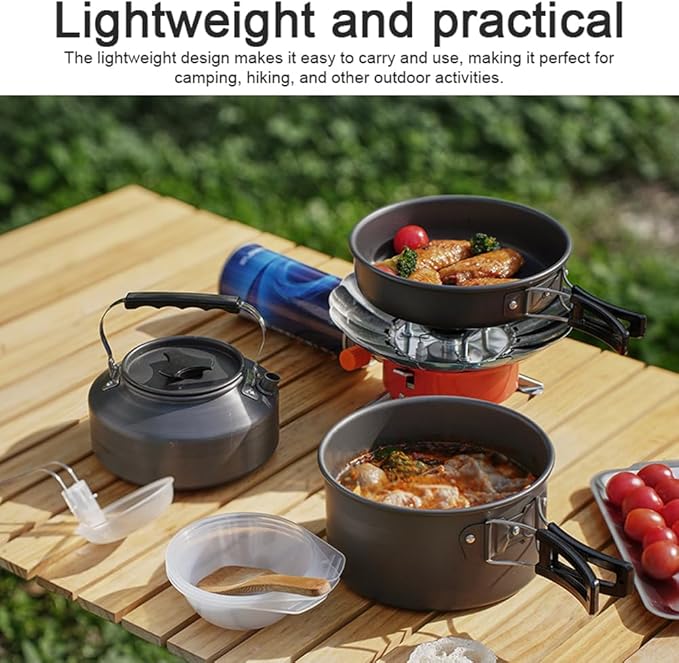 EVTSCAN Camping Hiking Cookware Set Outdoor Portable Picnic Cookware Kit Alumina Pot Frying Pan Set Travel Cooking Accessory