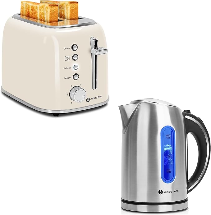 Aigostar Toaster 2 Slice Retro Extra-Wide Slot Toasters Best Rated and Electric Kettle 1.7L Electric Tea Kettle with LED Illumination