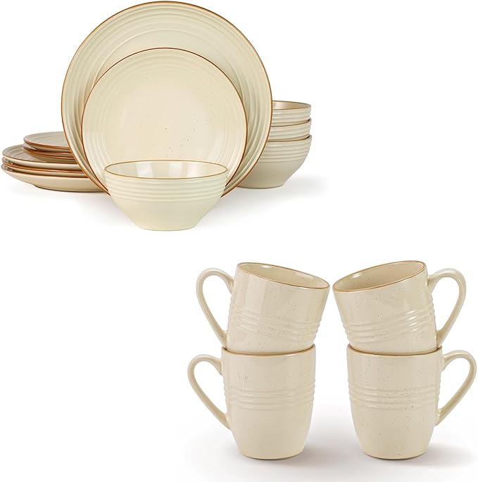 Famiware Jupiter Plates and Bowls Set with Coffee Mugs Set 16 Pieces Dinnerware Sets Vanilla White