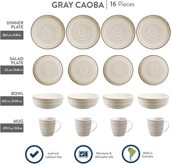 Corona 16-piece Rustic Aestethic Hand-Painted Versatile Ceramic Dinnerware Sets | Plates Bowls and Mugs | Service For 4 | Gray Caoba