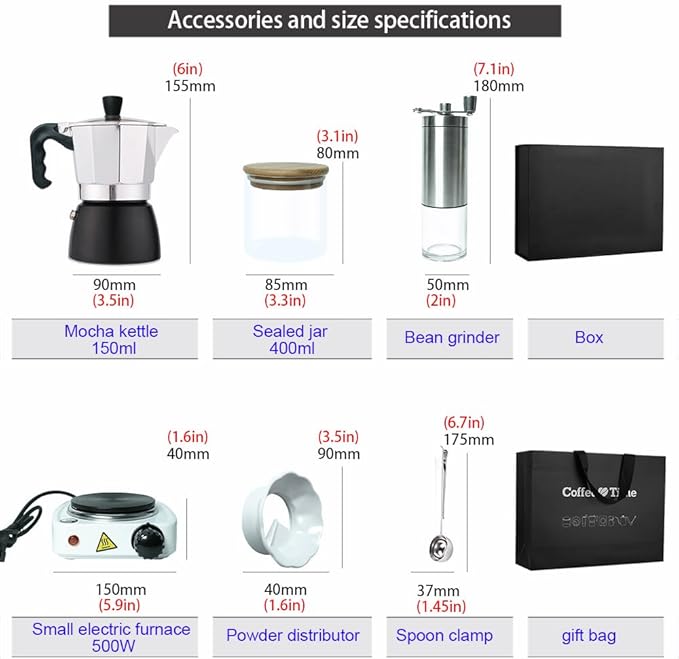 DS&ampDV Moka Pot KitsGlass Bean JarSpoon ClampPowder DistributorHand-Operated Bean MillFilter PaperCoffee Maker for Traveling (Moka Pot Set)