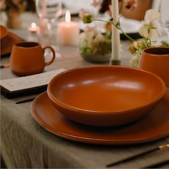 Artesa Organica La Paz Cuero Ceramic Dinnerware Set 5-Piece Terracotta Brown Handmade &amp Hand-Painted 5-Piece with Plates Bowl and Mug Microwave Safe Round