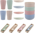 Portable Wheat Fiber Dinnerware Set 28pcs with Plates Bowls Cups and Cutlery Reusable Eco-friendly Tableware for Camping Travel and Everyday Use