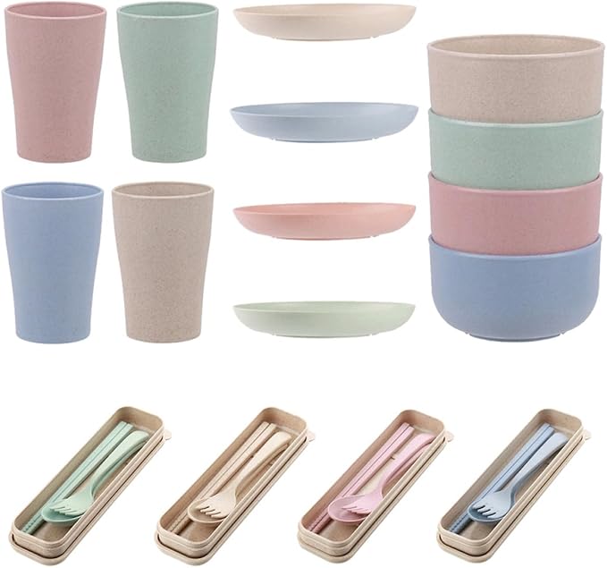 Portable Wheat Fiber Dinnerware Set 28pcs with Plates Bowls Cups and Cutlery Reusable Eco-friendly Tableware for Camping Travel and Everyday Use