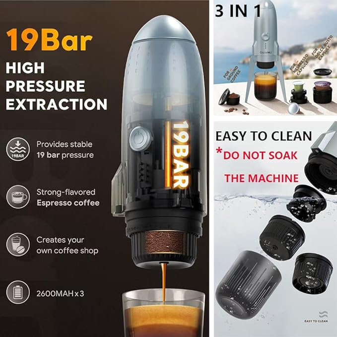Portable Espresso Machine 19 Bar Mini Coffee Maker Self-Heating Electric Espresso Maker Recharging Travel Coffee Maker Hot and Cold All in One Coffee Maker for Travel Hiking Home White
