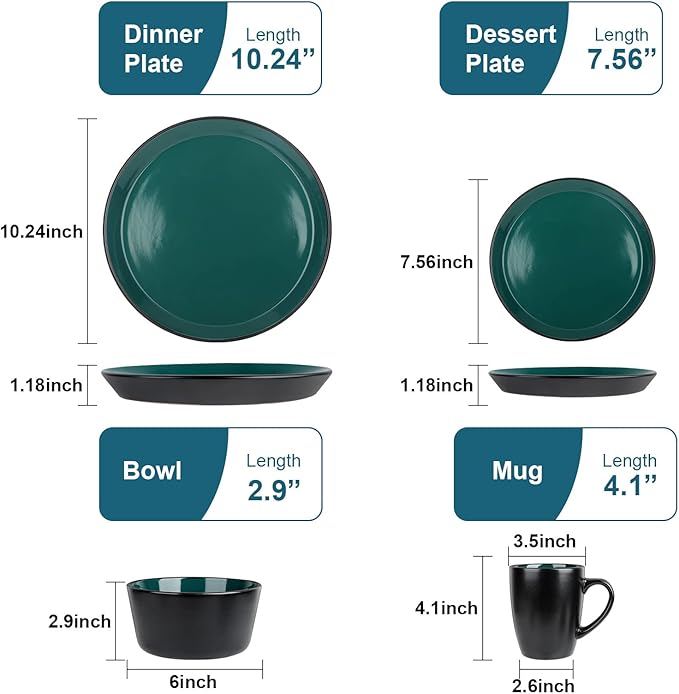 Plates and Bowls Sets 16 Pieces Dinnerware Sets Dishes Set for 4 Christmas Kitchen Set is Home Essentials Dark Green &amp Black