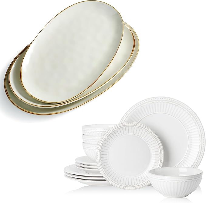 Famiware Plates and Bowls Sets + 3 Pcs Rectangular Serving Platter 15-Piece Dinnerware Sets for 4 White