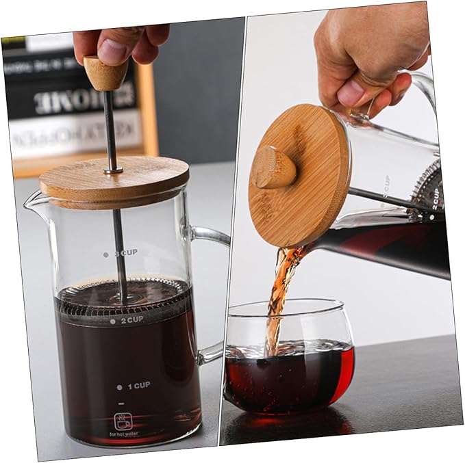 Toyvian Borosilicate Glass Coffee Pot with Lid Plunger Kettle for Loose Tea and Home Brewing Heat Resistant Professional Coffee Maker with Flavor-extracting Mesh and Measurement Scale