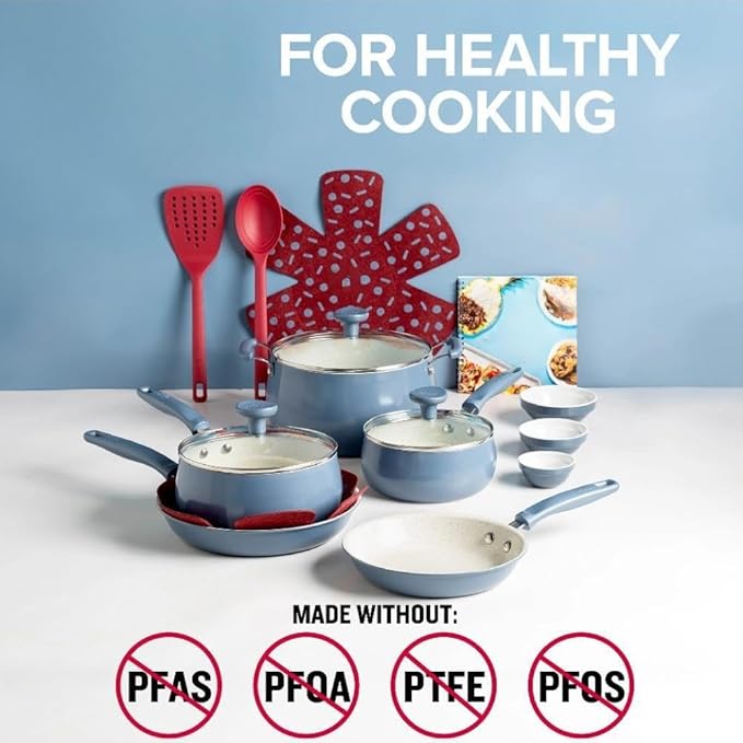 16-Piece Stone Blue Ceramic Non-Stick Pots and Pans Set Home and Kitchen Cookware Induction Compatible Includes Skillets Saucepans Dutch Oven &amp Utensils Dishwasher Safe