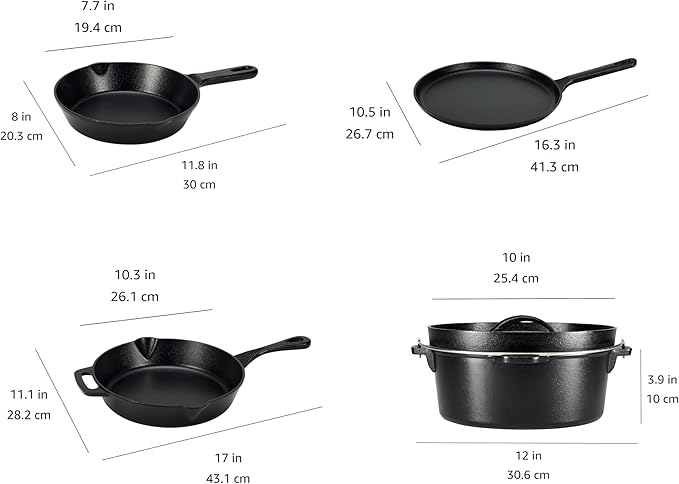 Amazon Basics Pre-Seasoned Cast Iron 5-Piece Cookware Set Oven Safe Cooks Evenly 14.17 x 12.2 x 10.63 in Black