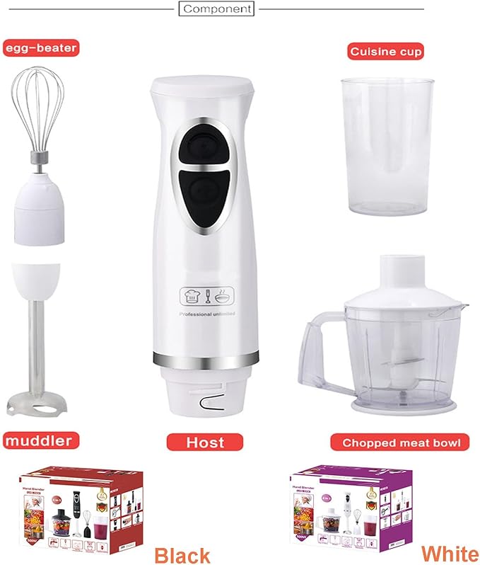 Handheld Immersion Blender with 2-Speed Stirrers Electric Whisk - Kitchen Essentials Set for Food Sauces Soups - Includes Egg-Beater Muddler Cuisine Cup Chopped Meat Bowl - 4-in-1 Hand Blender