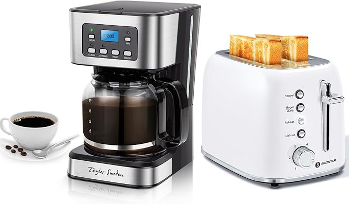 Taylor Swoden 12-Cup Programmable Coffee Maker and Aigostar Toaster 2 Slice Retro 1.6 inch Extra Wide Slots Bread Toasters