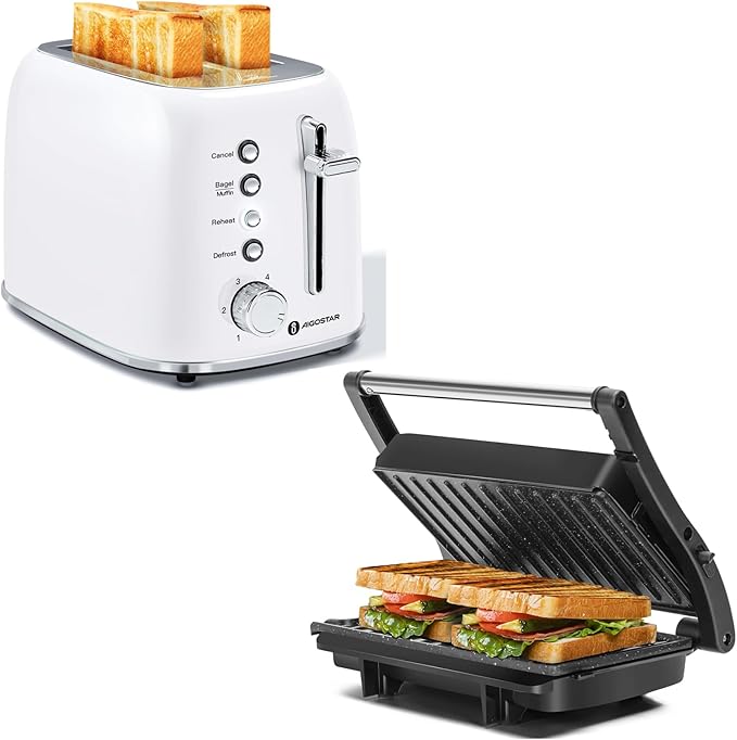 Aigostar Toaster 2 Slice Retro Toaster Stainless Steel and Panini Press Grill Aigostar 1000W Sandwich Maker with Ceramic Non-stick Plates Opens 180 Degrees for Any Size Food