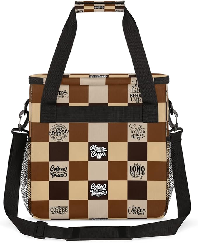 cfpolar Coffee Brown Grid Coffee Maker Carrying Bag Coffees Machine Travel Storage Bag Compatible with K-Mini or K-Mini Plus Portable Single Serve Coffees Brewer Case with Pockets for K-Cup Pods