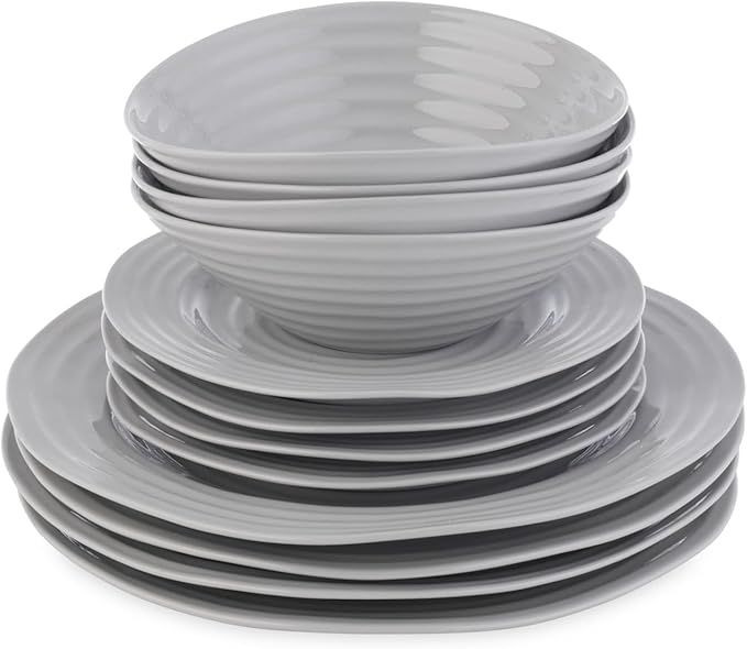 Portmeirion Sophie Conran Grey 12-Piece Dinnerware Set Porcelain Plates &amp Bowls for Everyday Dining &amp Entertaining - Service for 4 with 11 Dinner Plates 8 Salad Plate 7.5 Bowls