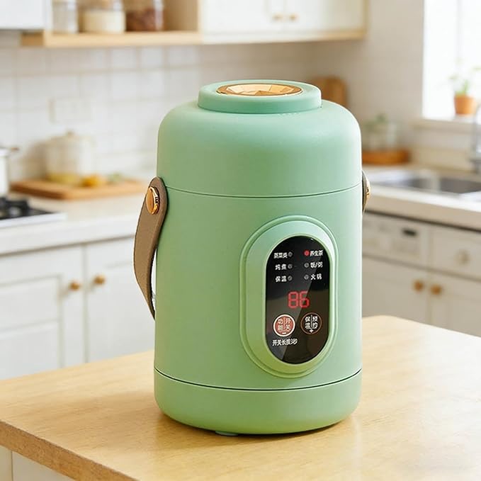 Multifunctional Health Pot Portable 500W Health Pot with Ceramic Glaze Inner Pot &amp Steamer 12-Hour Preset Slow Cooker for Rice Porridge Soup Steaming (A-Green)
